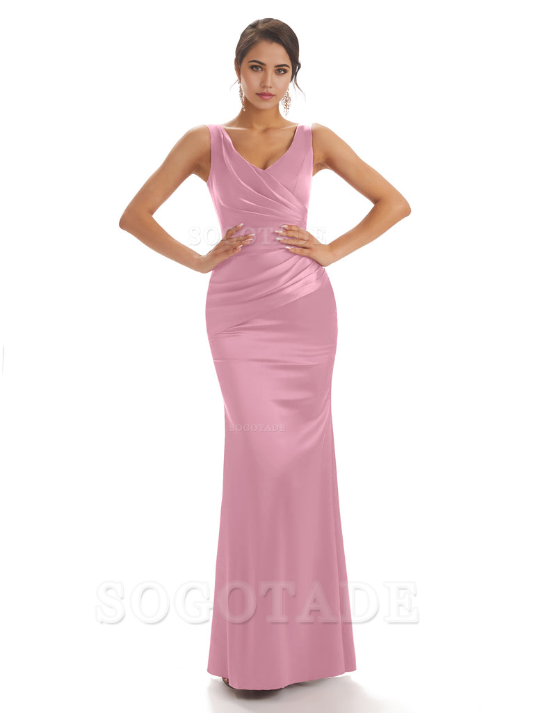 Sheath Sleeveless V-neck Floor-Length Satin formal dresses evening gown Bridesmaid Dresses With Pleats 