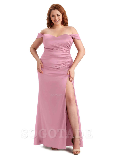 Sexy Off The Shoulder Sleeveless Side Slit Mermaid Soft Satin Long Plus Size Bridesmaid Dresses
