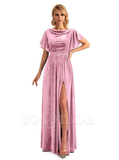 Elegant A-Line Jewel Bat Sleeves Velvet Side Slit Long Bridesmaid Dresses