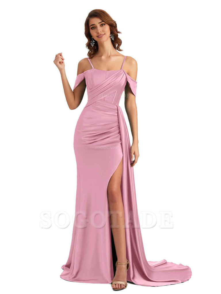 Sexy Side Slit Cold Shoulder Mermaid Satin Chic Long Wedding Guest Dresses