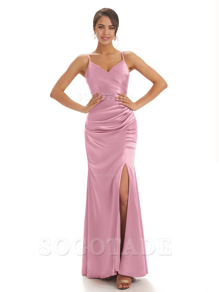 Spaghetti Straps Pleats Satin formal dresses evening gown Bridesmaid Dresses With Side Slit 
