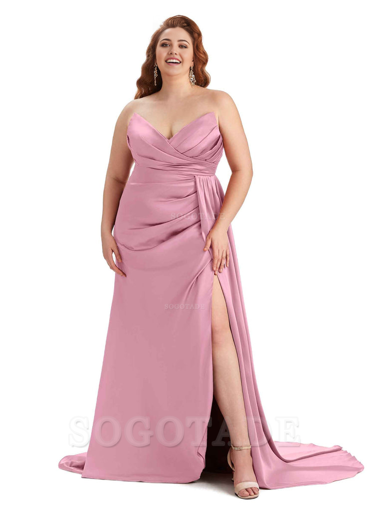 Sexy V-neck Side Slit Sleeveless Mermaid Soft Satin Long Plus Size Bridesmaid Gowns