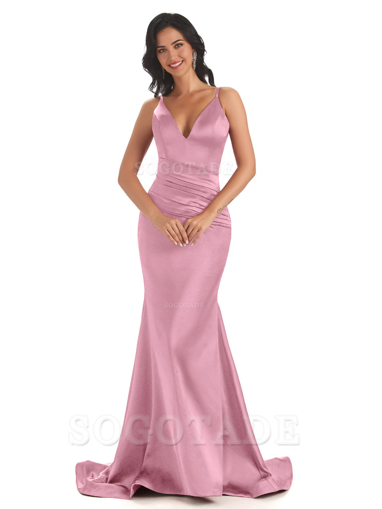 Mermaid Spaghetti V-Neck Straps Satin Long formal dresses evening gown Bridesmaid Dresses With Side Slit 
