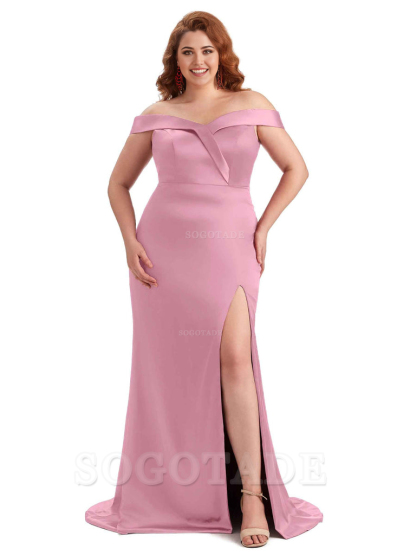 Elegant Off The Shoulder Sleeveless Side Slit Mermaid Soft Satin Long Plus Size Bridesmaid Gowns