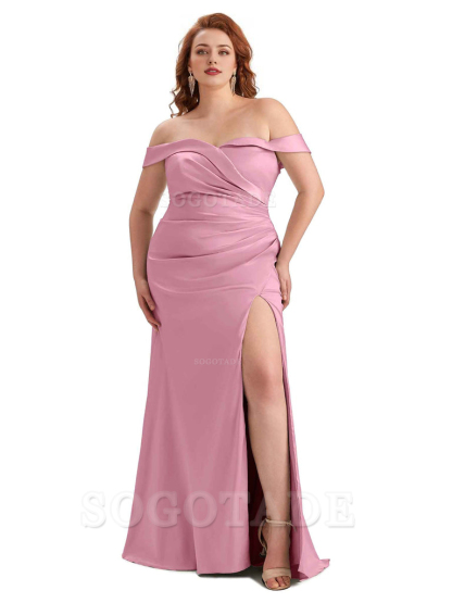 Sexy Side Slit Off Shoulder Mermaid Soft Satin Long Plus Size Bridesmaid Gowns For Wedding