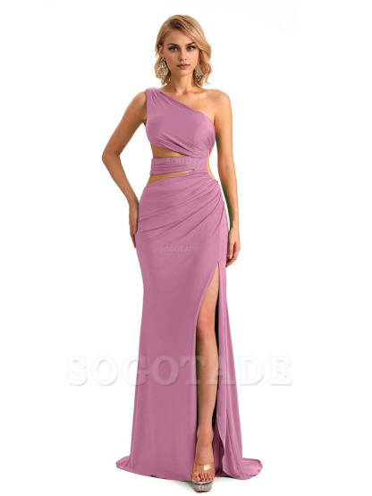 Elegant Mermaid One Shoulder Side Slit Stretchy Jersey Long Formal Bridesmaid Dresses