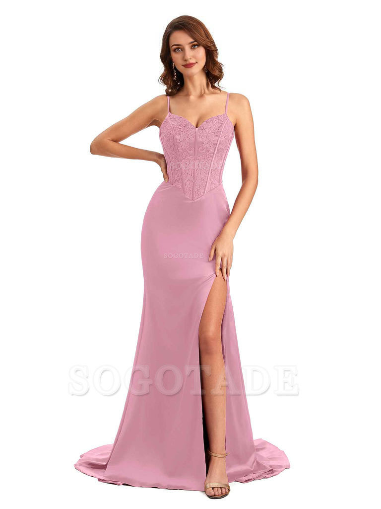 Sexy Side Slit Mermaid Silky Satin V-Neck Lace Unique Long Bridesmaid Dresses