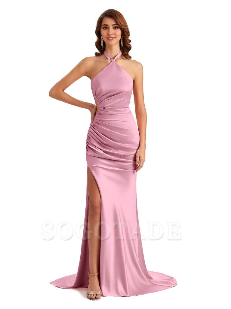 Sexy Halter Mermaid Silky Satin Unique Long Formal Wedding Guest Dresses