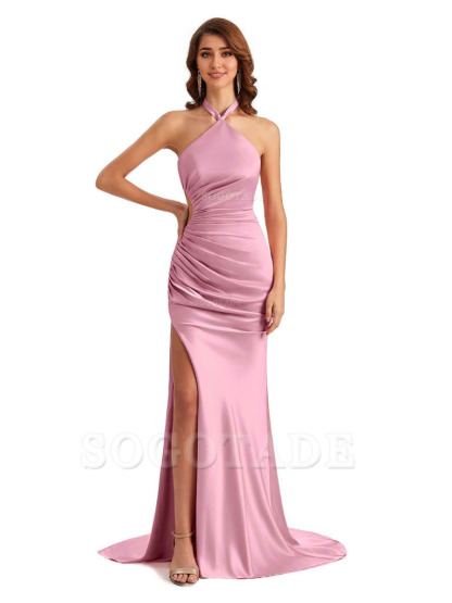 Sexy Halter Mermaid Silky Satin Unique Long Formal Wedding Guest Dresses