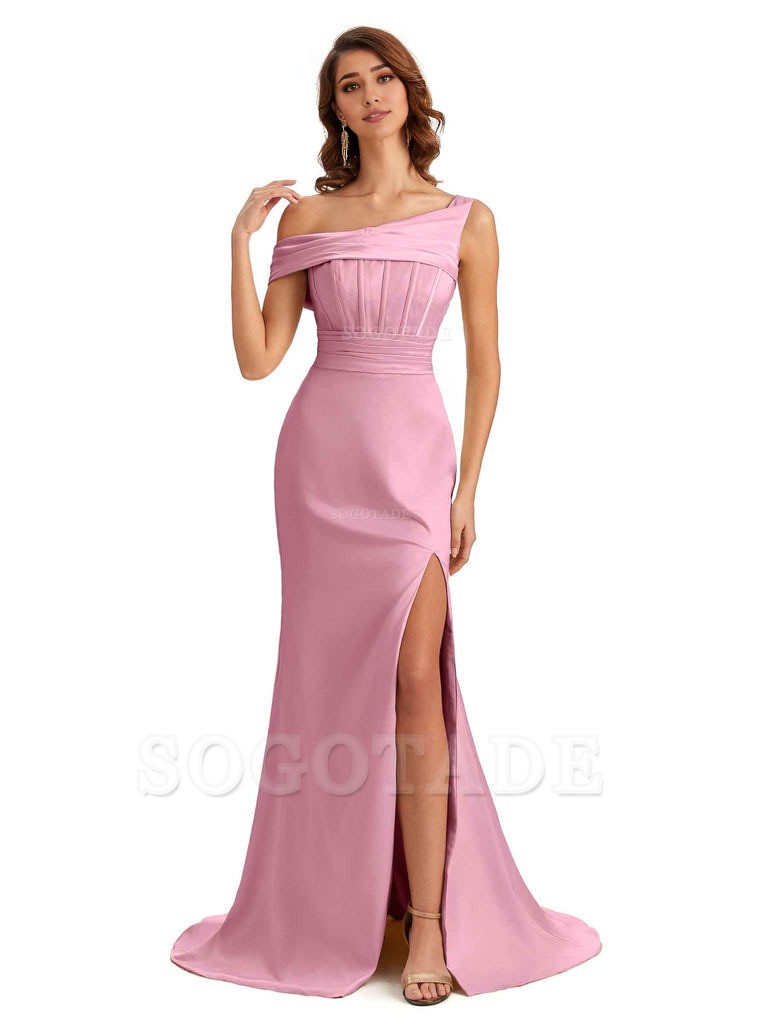 Elegant Asymmetrical Neck Soft Satin Side Slit Long Mermaid Bridesmaid Dresses