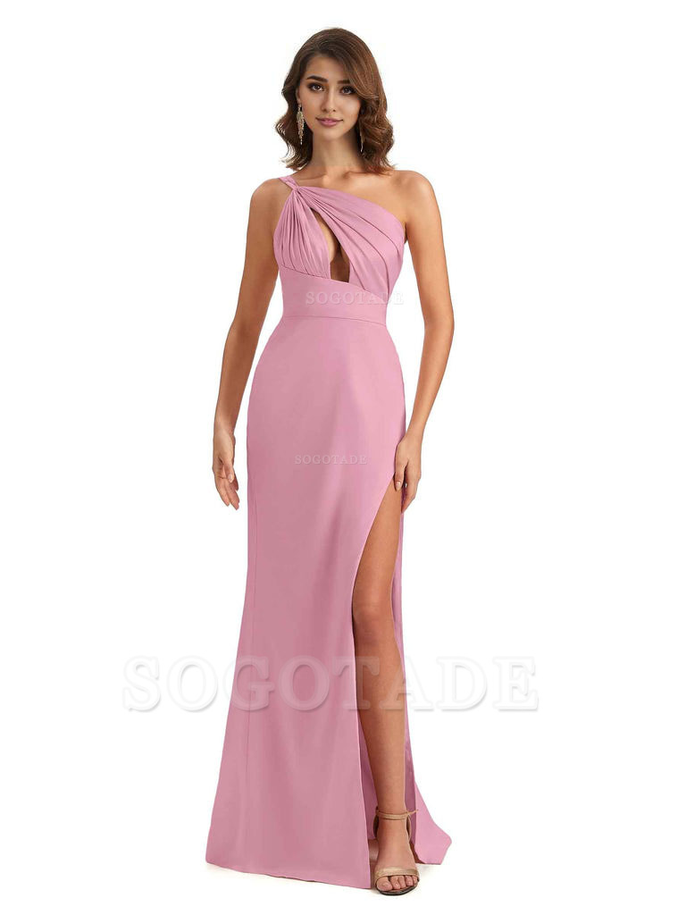 Sexy One Shoulder Silky Satin Unique Long Ladies Bridesmaid Dress For Wedding