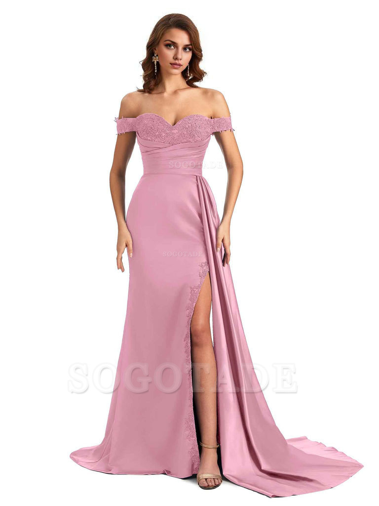 Sexy Off The Shoulder Mermaid Side Slit Silky Satin Long Bridesmaid Dress For Wedding