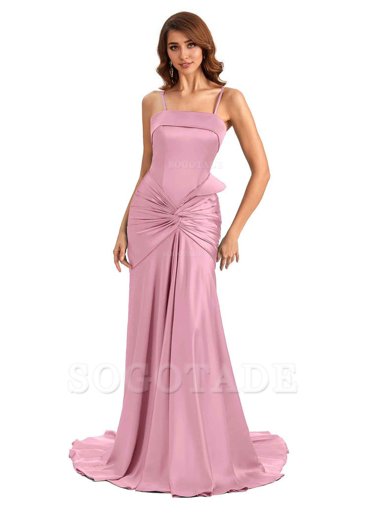 Sexy Mermaid Spaghetti Straps Silky Satin Unique Long Bridesmaid Dress For Wedding