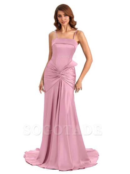 Sexy Mermaid Spaghetti Straps Silky Satin Unique Long Bridesmaid Dress For Wedding