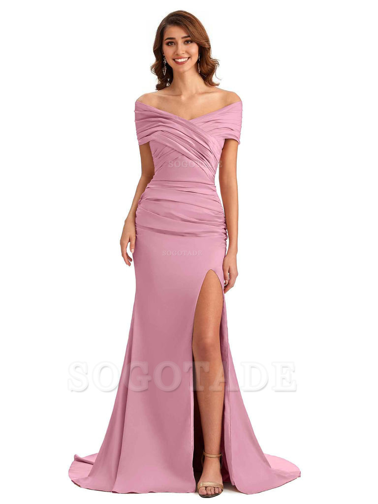 Sexy Off The Shoulder Side Slit Mermaid Satin Unique Long Formal Wedding Guest Dresses