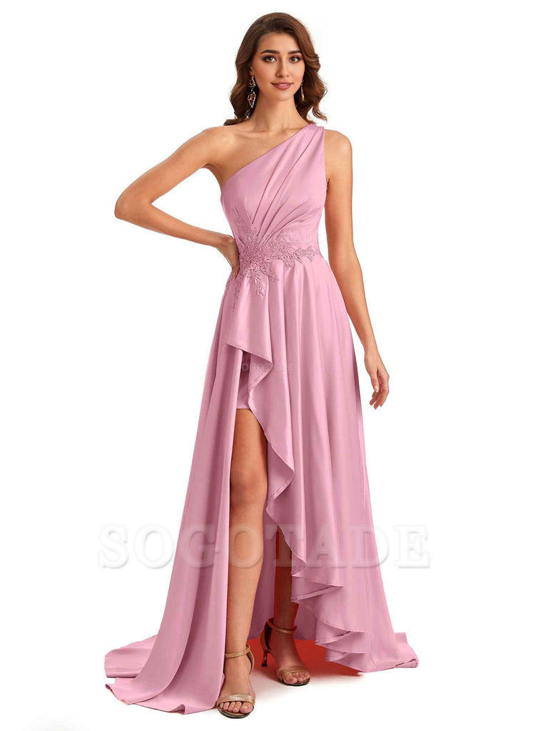 Sexy One Shoulder A-Line High Low Silky Satin Lace Long Formal Wedding Guest Dresses