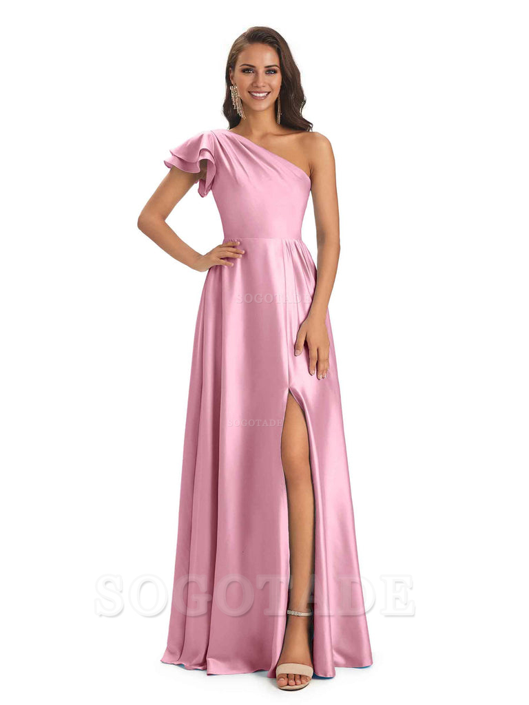 A-Line One Shoulder Ladies Long Bridesmaid Dresses Soft Satin Side Slit Elegant Evening Party Dress