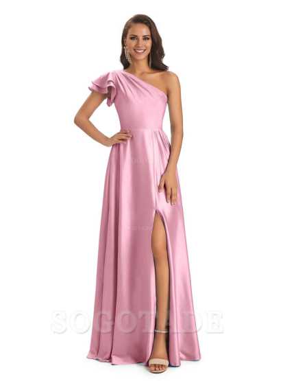 A-Line One Shoulder Ladies Long Bridesmaid Dresses Soft Satin Side Slit Elegant Evening Party Dress