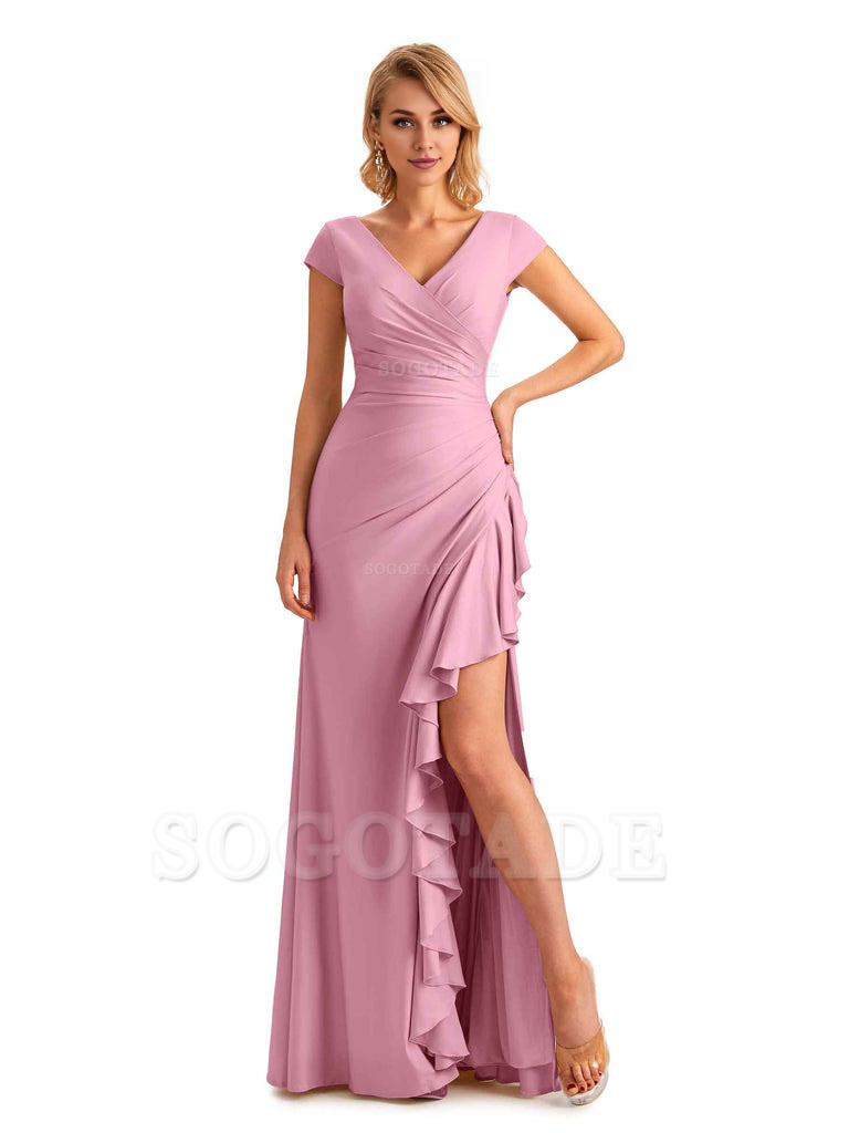 Sexy Side Slit Short Sleeves Mermaid Soft Satin Unique Long Maid Of Honor Dresses