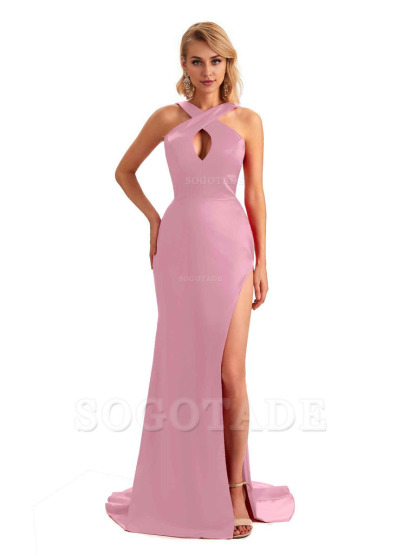 Sexy Side Slit Halter Mermaid Silky Satin Unique Long Formal Wedding Bridesmaid Dresses