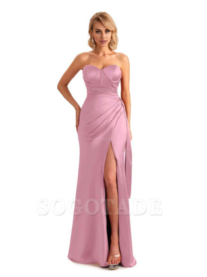 Sexy Side Slit Strapless Mermaid Soft Satin Unique Long Bridesmaid Dress For Wedding