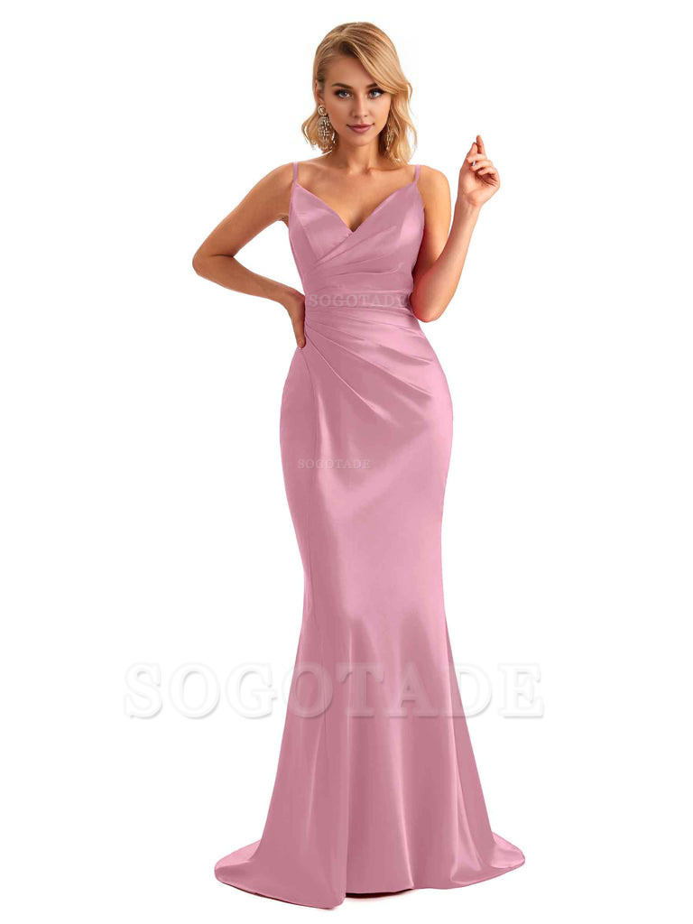  Sexy Backless Mermaid Spaghetti Straps Unique Long Formal Satin Dress For Women