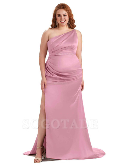 Sexy One Shoulder Side Slit Mermaid Soft Satin Long Plus Size Bridesmaid Dress For Wedding