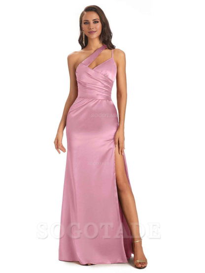 Elegant Soft Satin Side Slit One Shoulder Floor-Length Maxi Bridesmaid Dresses Evening Party Dress
