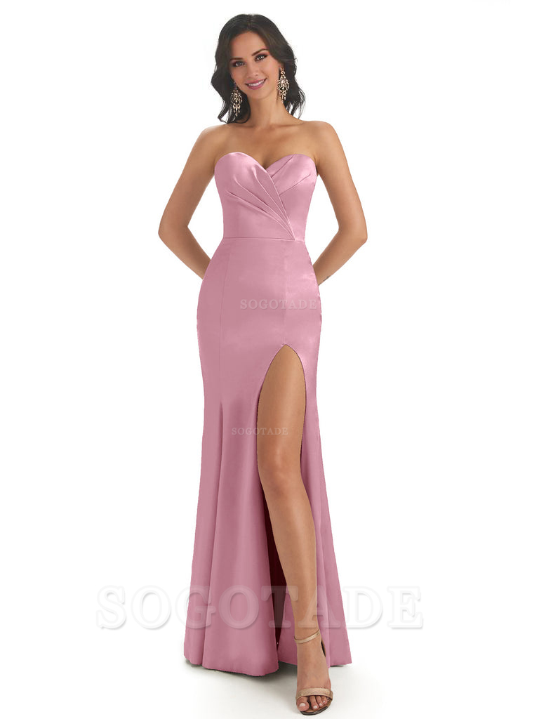 Simple Soft Satin Side Slit Sweetheart Long Mermaid Bridesmaid Dresses Elegant Evening Party Dress