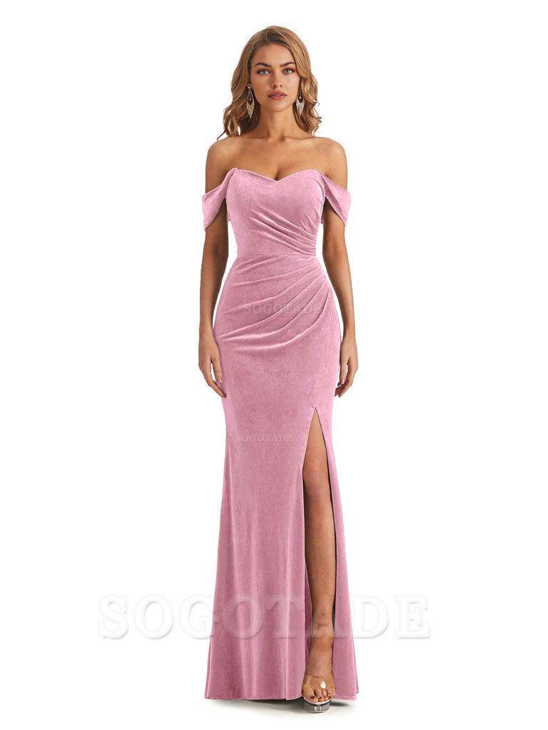 Elegant Mermaid Off Shoulder Pleats Velvet Side Slit Long Bridesmaid Dresses Evening Party Dress