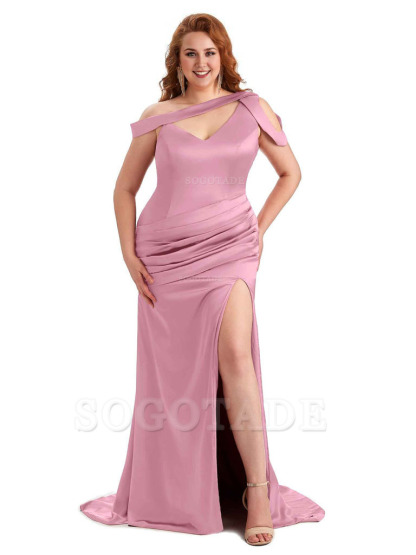 Sexy V-Neck Side Slit Unique Mermaid Soft Satin Long Plus Size Bridesmaid Dress For Wedding
