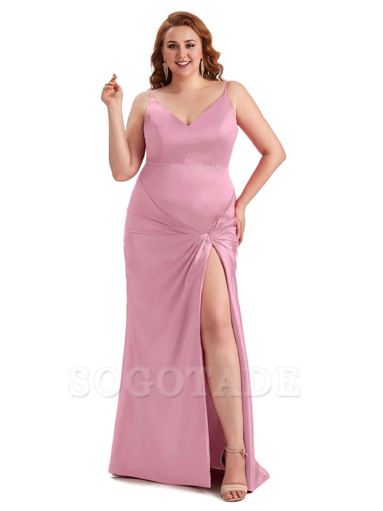 Sexy Spaghetti Straps V-neck Side Slit Mermaid Soft Satin Long Plus Size Bridesmaid Dress