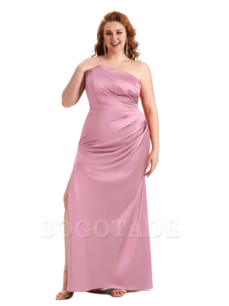 Sexy Side Slit One Shoulder Mermaid Soft Satin Long Plus Size Maid of Honour Dresses