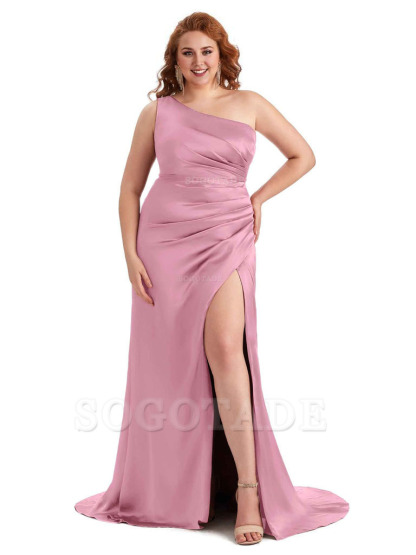 Sexy One Shoulder Side Slit Mermaid Soft Satin Long Plus Size Maid of Honor Dress For Wedding