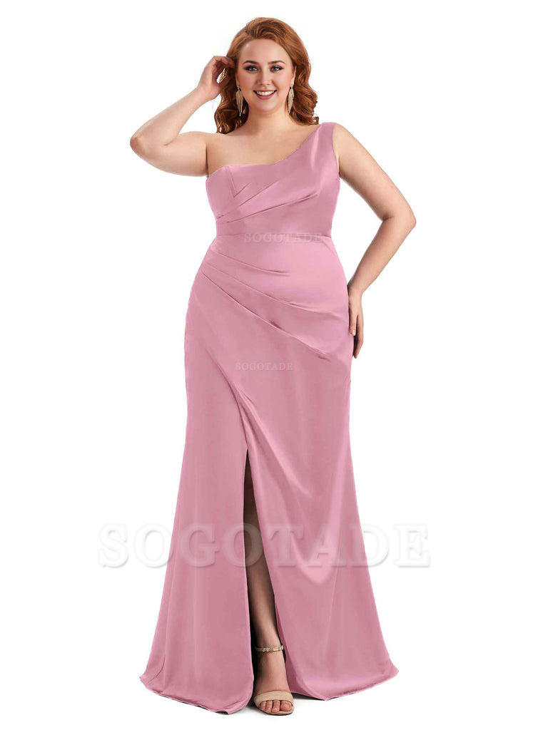 Sexy Side Slit One Shoulder Mermaid Long Plus Size Satin Maxi Dresses