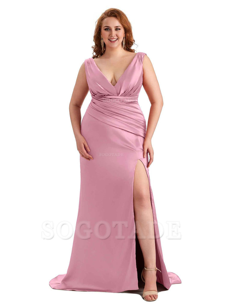 Elegant V-neck Side Slit Mermaid Soft Satin Long Plus Size Bridesmaid Dress For Wedding