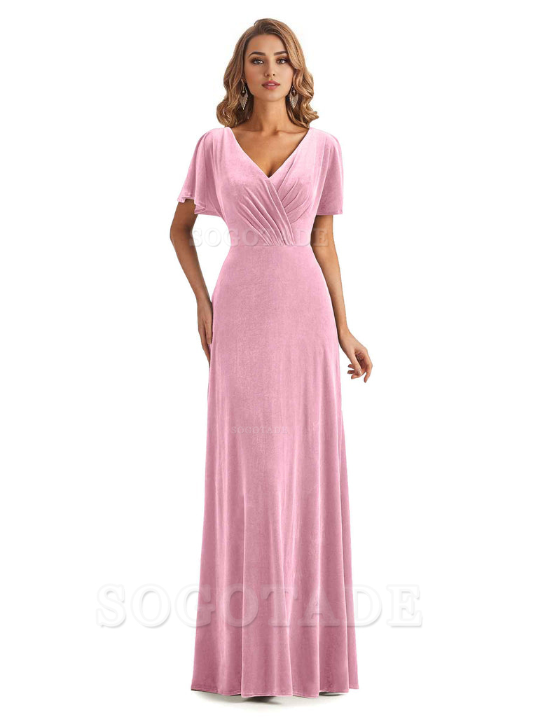 Elegant Mermaid V-neck Short Sleeves Unique Velvet Long Bridesmaid Dresses