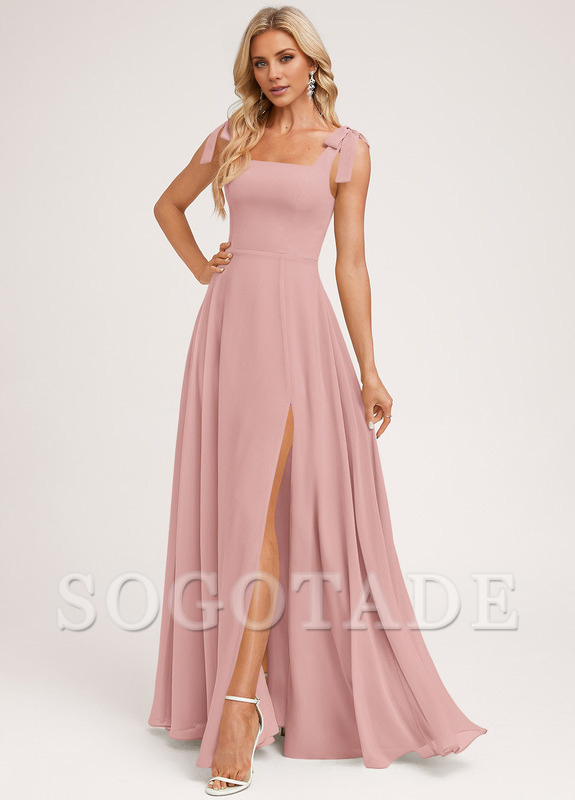A-shaped square bow landing chiffon bridesmaid dress