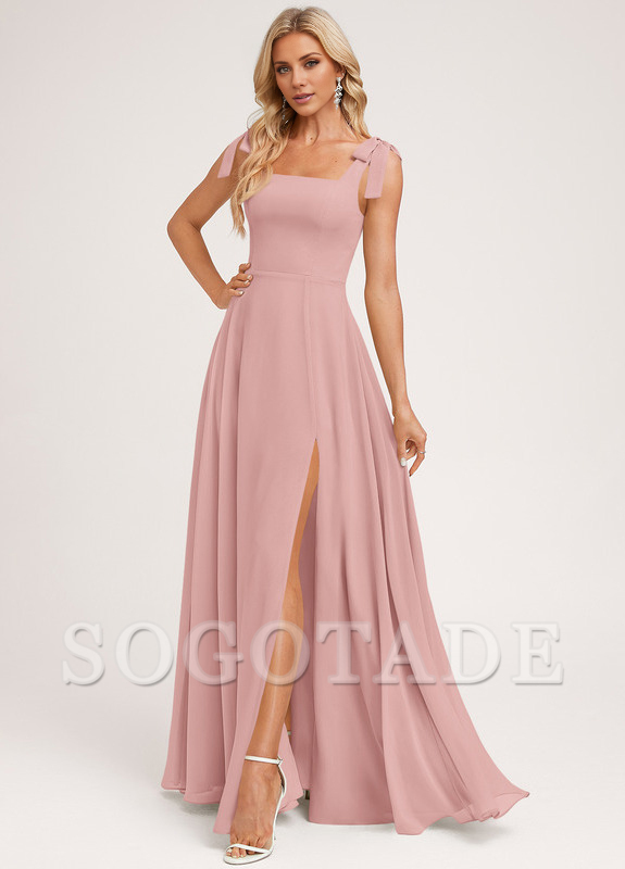 A-shaped square bow landing chiffon bridesmaid dress