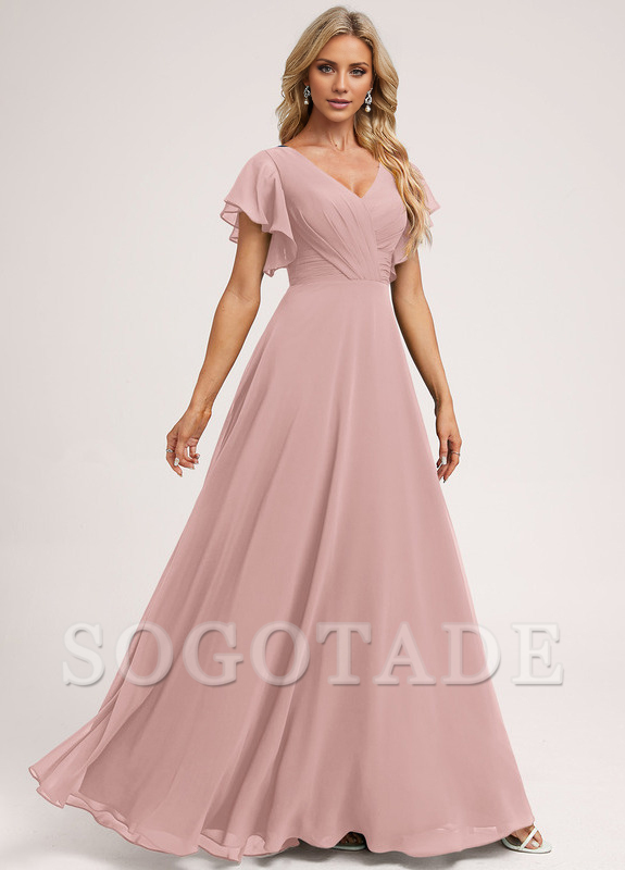Ruffle A-line V-neck and floor chiffon bridesmaid dress