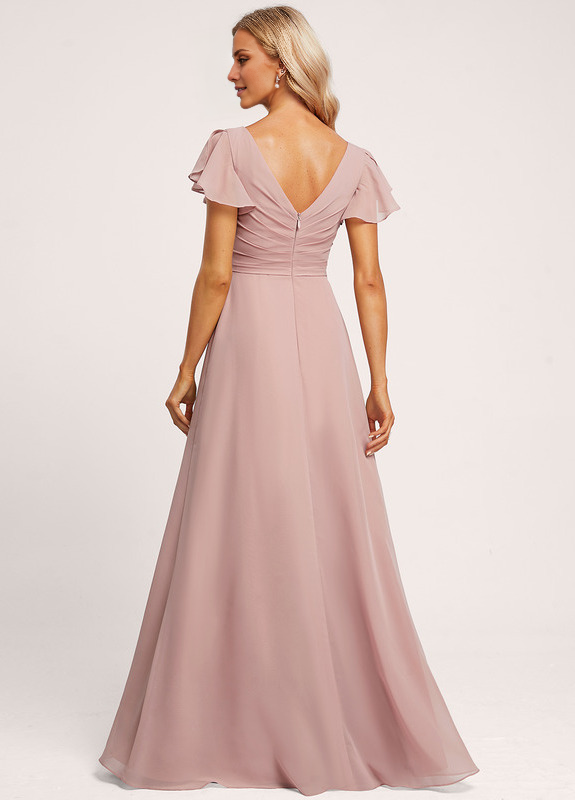 Ruffle A-line V-neck and floor chiffon bridesmaid dress