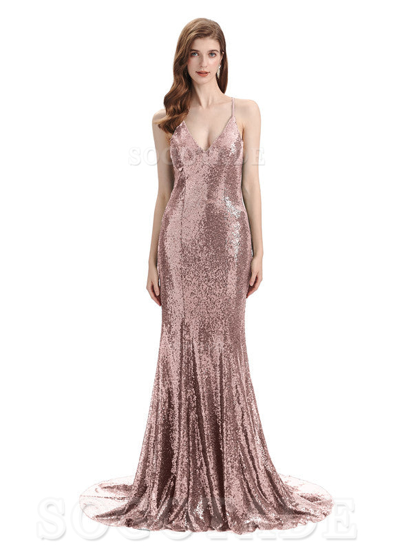 Deep V Neck Sexy Spaghetti Strap Backless Sequins Floor-Length Bridesmaid Dresses Bridesmaid Dresses Formal Women's Dresses Wedding Guest Dresses