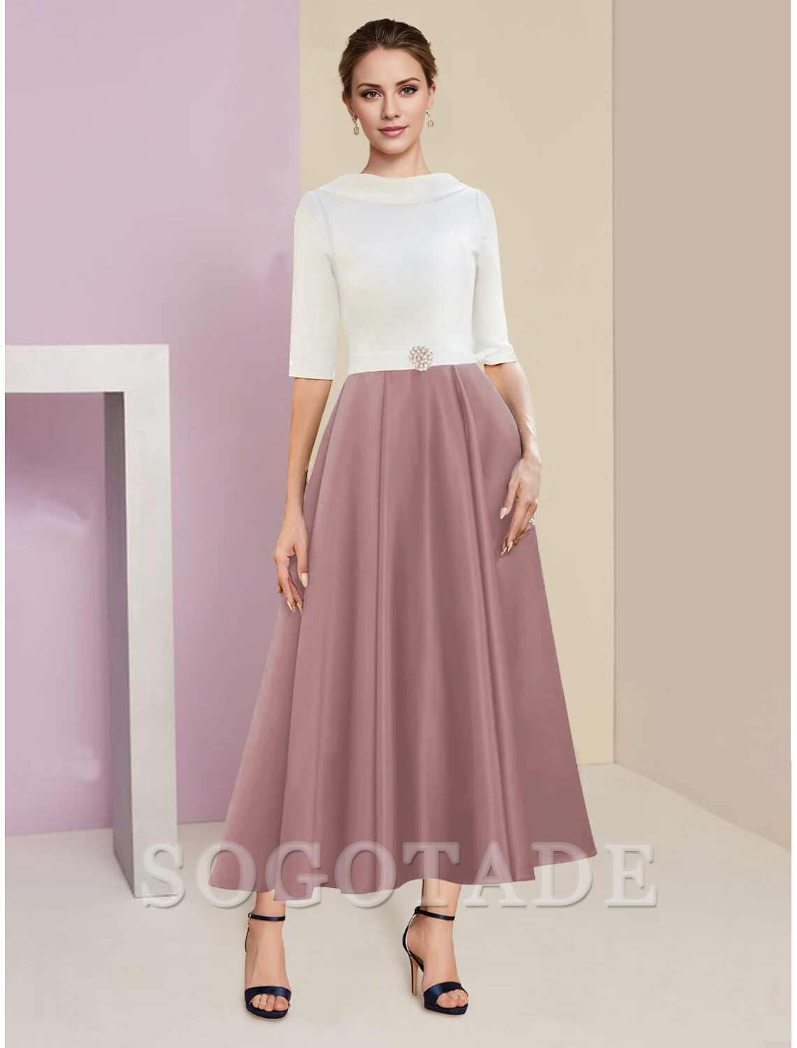 A-Line Mother of the Bride Dress Wedding Guest Elegant Vintage Jewel Neck Tea Length Charmeuse Half Sleeve with Pleats Crystals