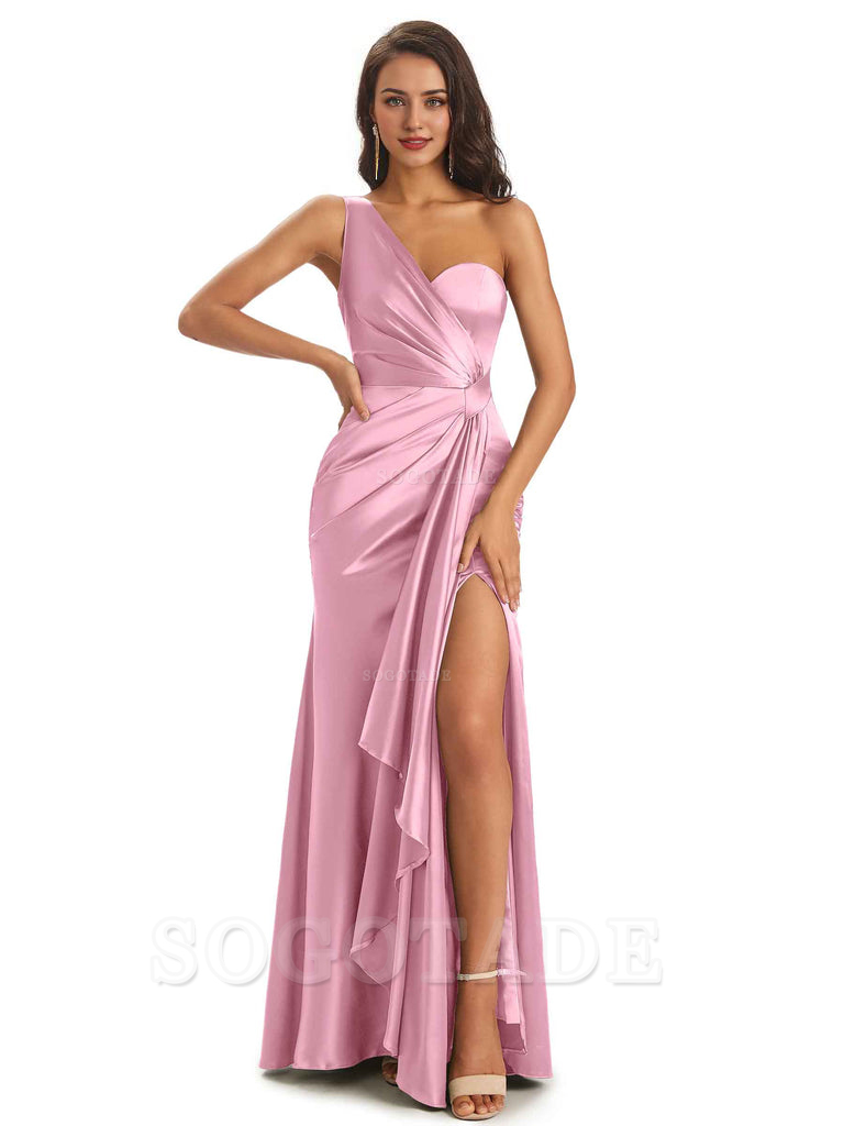 Elegant Soft Satin Side Slit One Shoulder Unique Mermaid Bridesmaid Dresses Online prom dresses shops