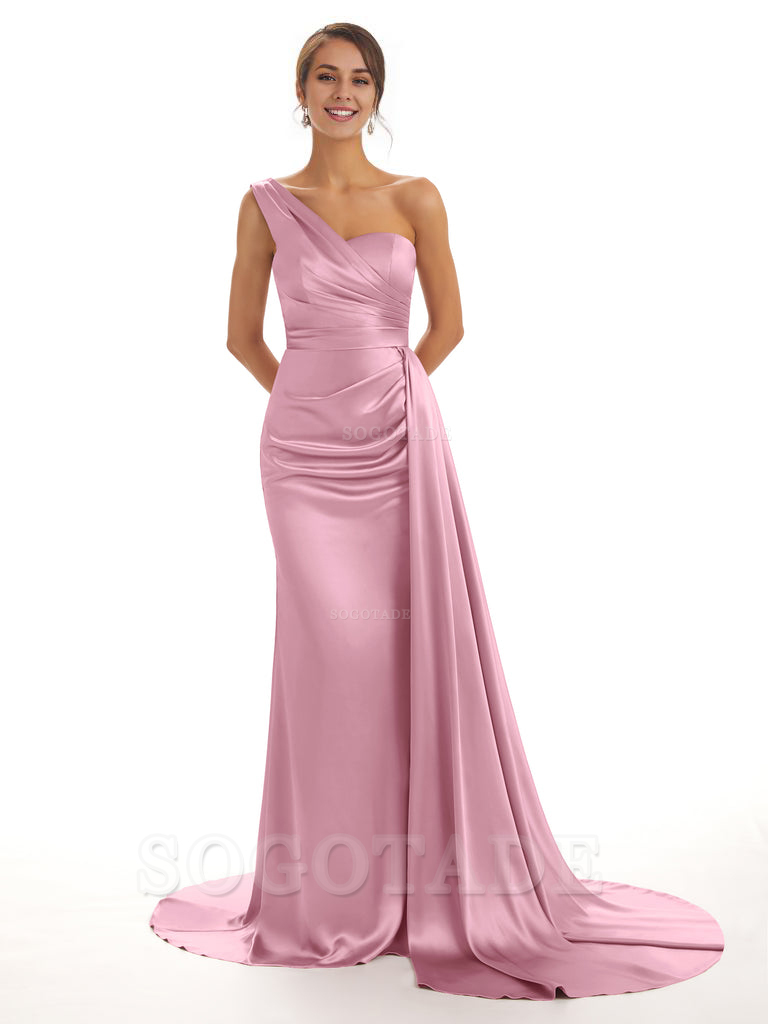 Elegant One Shoulder Soft Satin Unique Mermaid Long Bridesmaid Dresses Online prom dresses shops