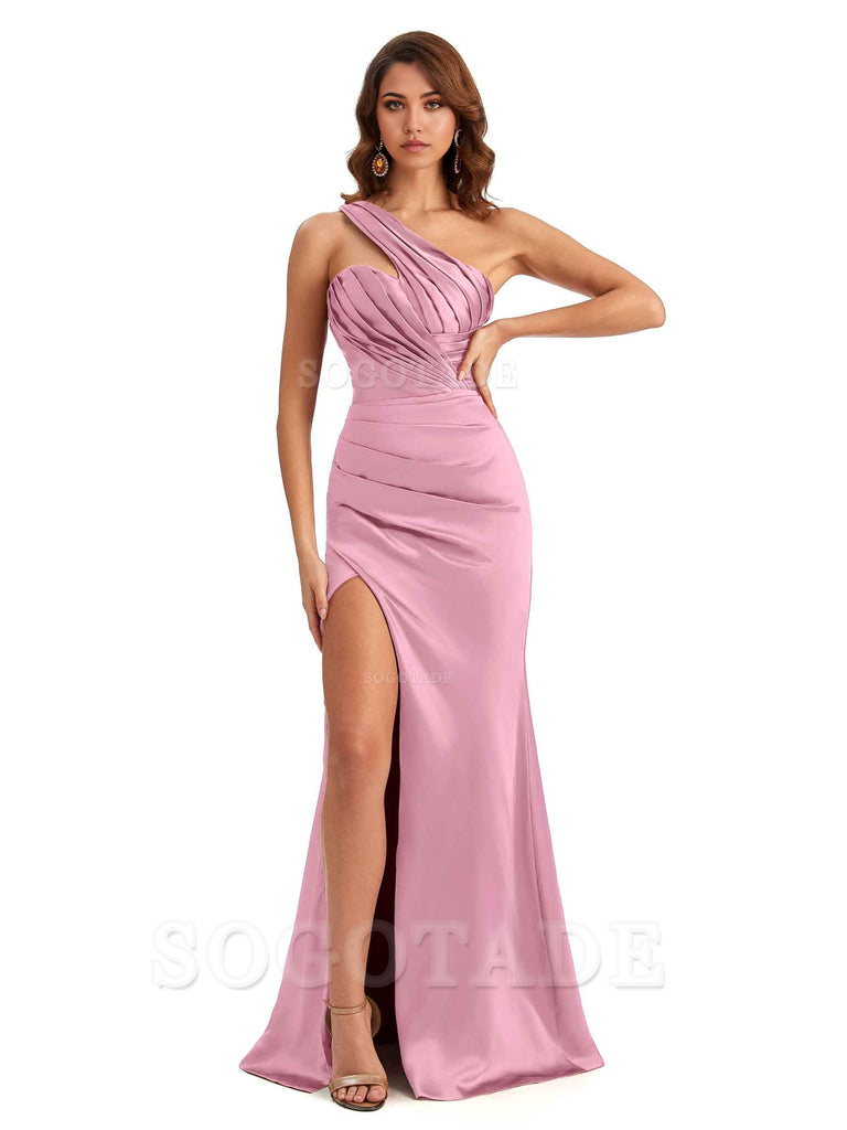 Sheath One shoulder Satin formal dresses evening gown Bridesmaid Dresses With Side Slit 