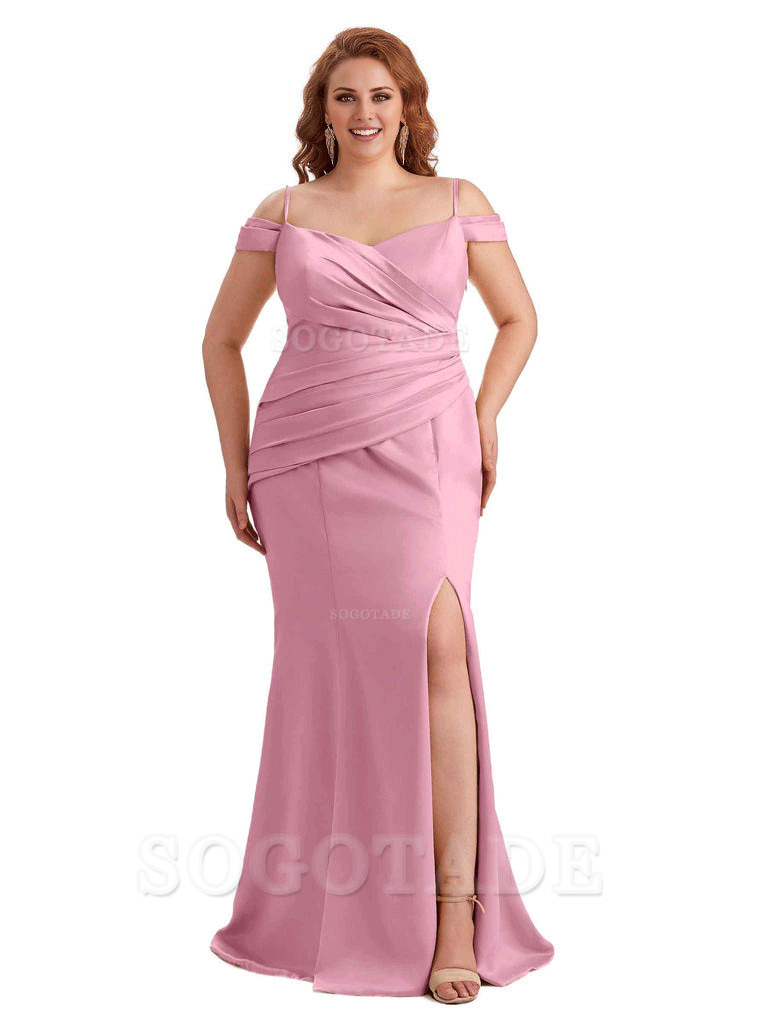 Elegant Cold Shoulder Side Slit Mermaid Soft Satin Long Plus Size Bridesmaid Gowns