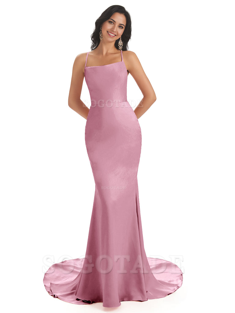 Mermaid Spaghetti Backless Straps Satin Long formal dresses evening gown Bridesmaid Dresses