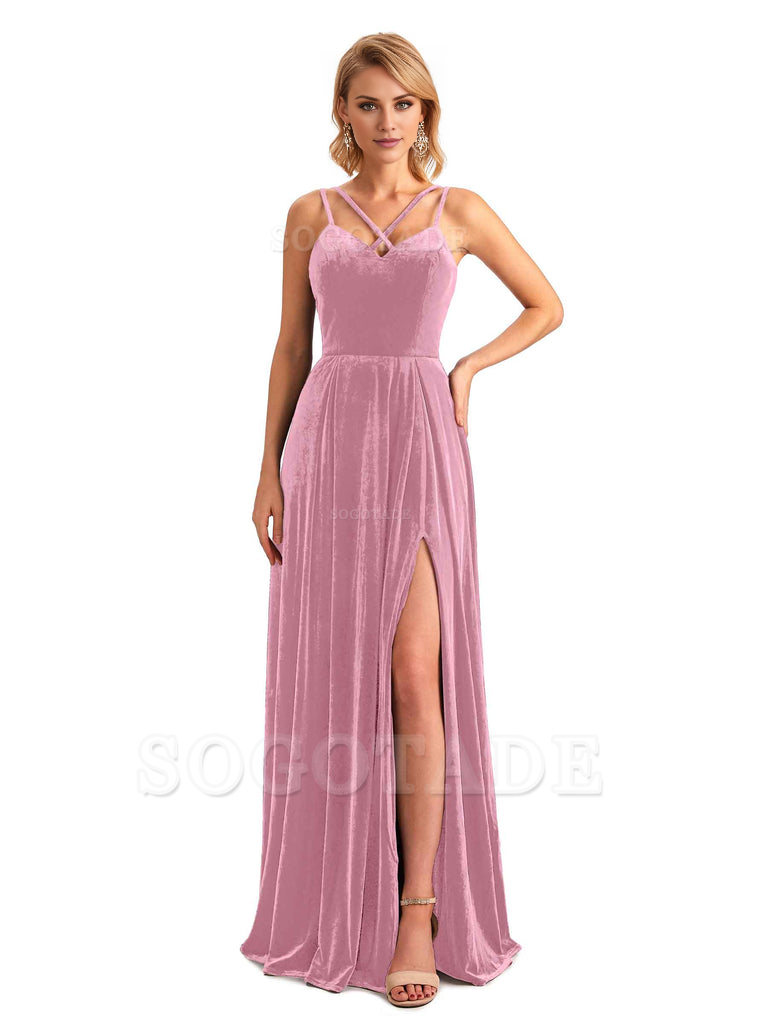 Sexy Side Slit Spaghetti Straps Unique Velvet Long Bridesmaid Dresses Online