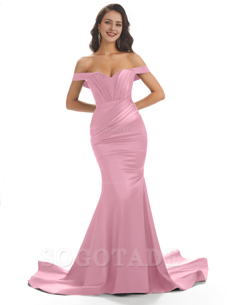 Sexy Mermaid Off The Shoulder Floor-Length Long Soft Satin Bridesmaid Dresses Online prom shop dresses